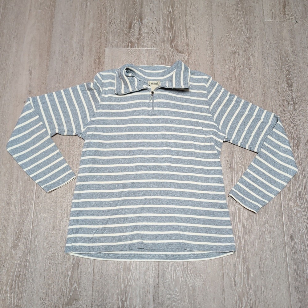 LL Bean Quarter Zip Pullover Womens Medium Blue Striped‎ Excellent Cotton 223204
